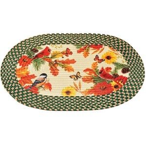 Oval Braided Kitchen Accent Rug(20"x30")FALL LEAVES,BIRDS & BUTTERFLIES,green,CE